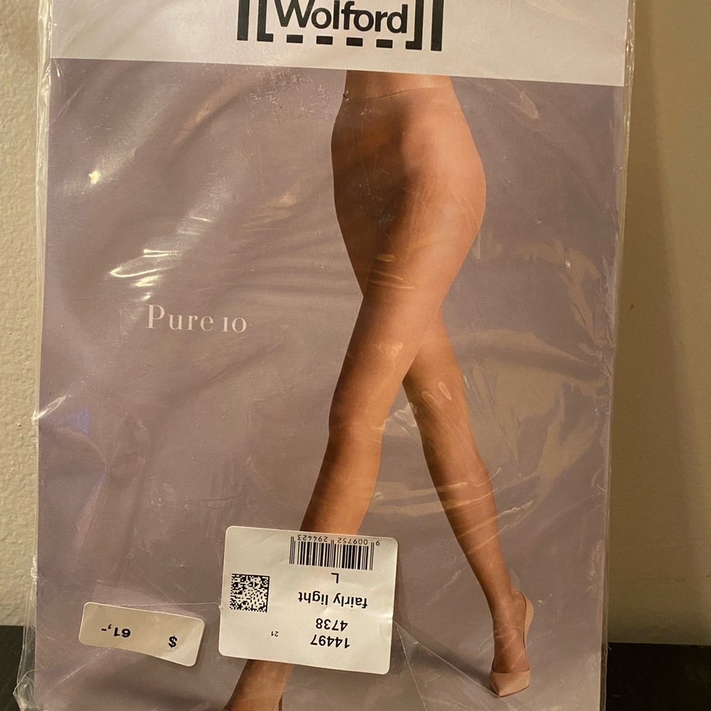 Wolford Women’s Large Pure 10 Sheer Tights In Fairy Light 14497 NWT